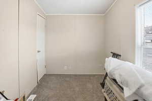 Bedroom featuring light carpet and ornamental molding