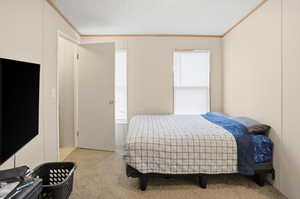Bedroom featuring ornamental molding, light carpet, and a textured ceiling