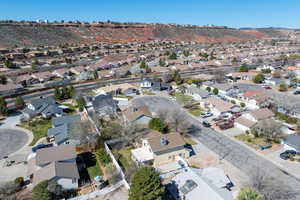 Aerial view of residential area with mountains