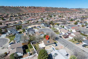 Aerial perspective of suburban area featuring mountains