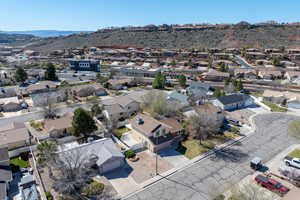Aerial view of residential area with mountains