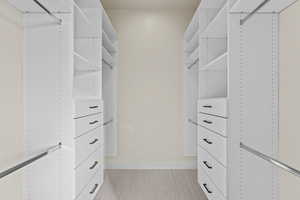 Walk in closet with light carpet