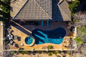 View from above of property with a pool