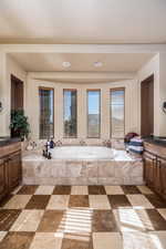 Full bathroom with vanity, healthy amount of natural light, and a bath