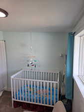 Carpeted bedroom with a nursery area