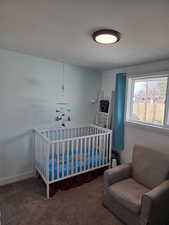 Carpeted bedroom featuring a nursery area and baseboards