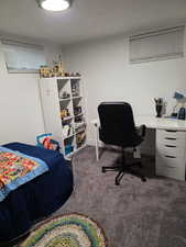 Bedroom featuring dark carpet and an office area
