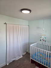 Bedroom with dark colored carpet and a nursery area