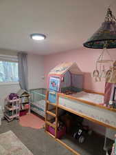 Carpeted bedroom with a nursery area
