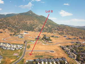 Aerial view of residential area featuring a mountain backdrop