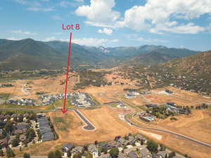 Aerial perspective of suburban area with a mountainous background