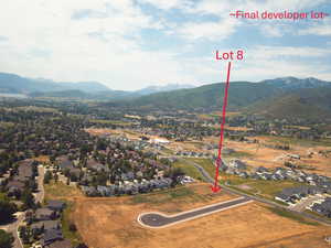 Aerial perspective of suburban area featuring a mountainous background