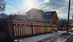 Back of property featuring a fenced front yard and roof with shingles