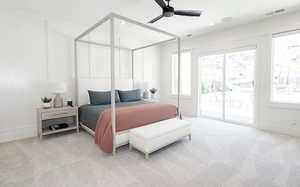 Bedroom featuring light colored carpet, ceiling fan, access to outside, and recessed lighting