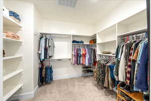 Walk in closet with light carpet