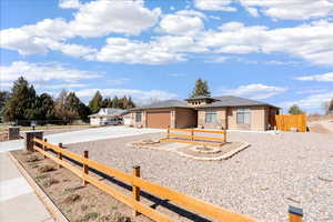 Prairie-style house featuring a fenced front yard, driveway, an attached garage, and stone siding
