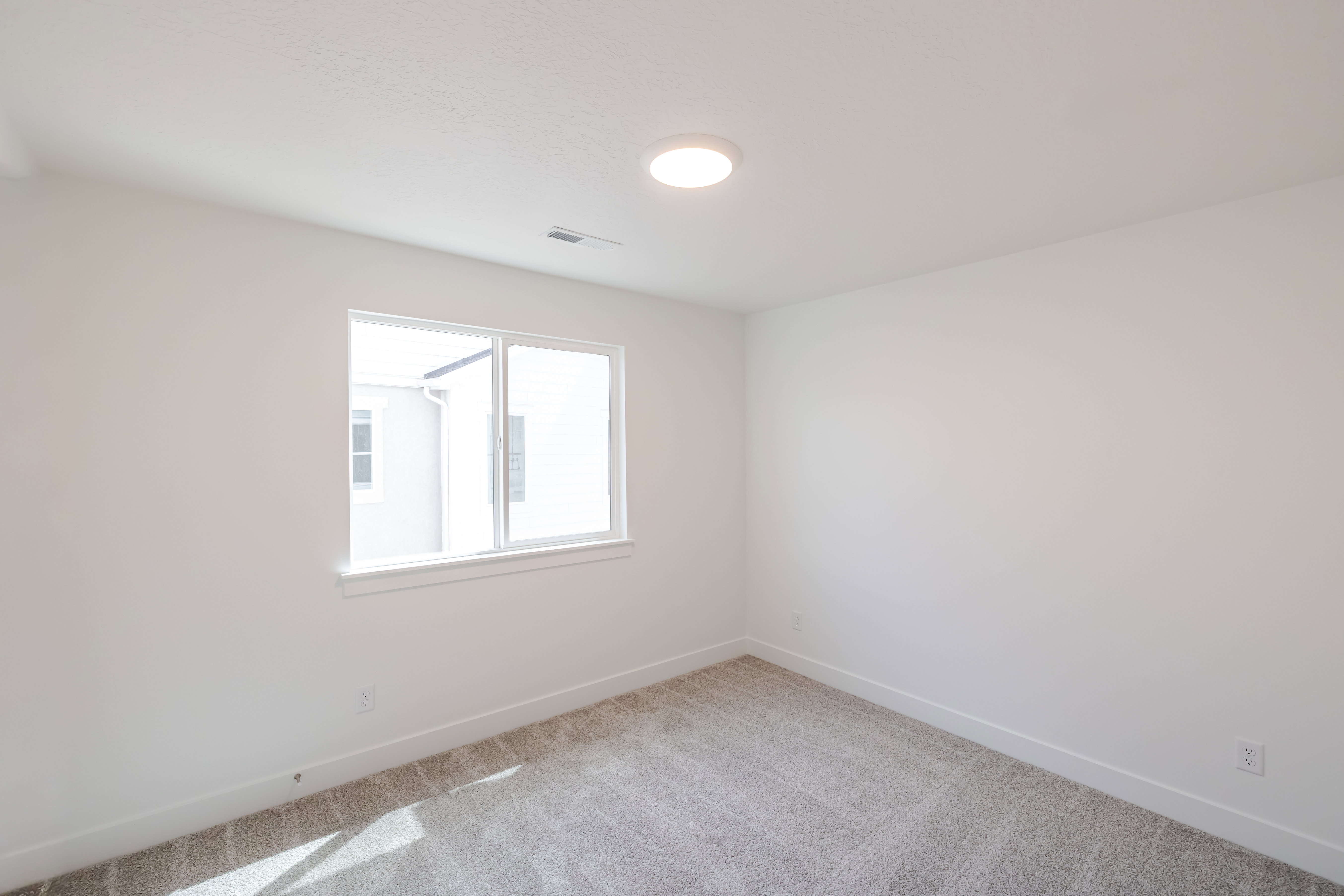 Bright room featuring a large window, neutral carpeting, white walls, a flush-mount ceiling light, and white baseboards