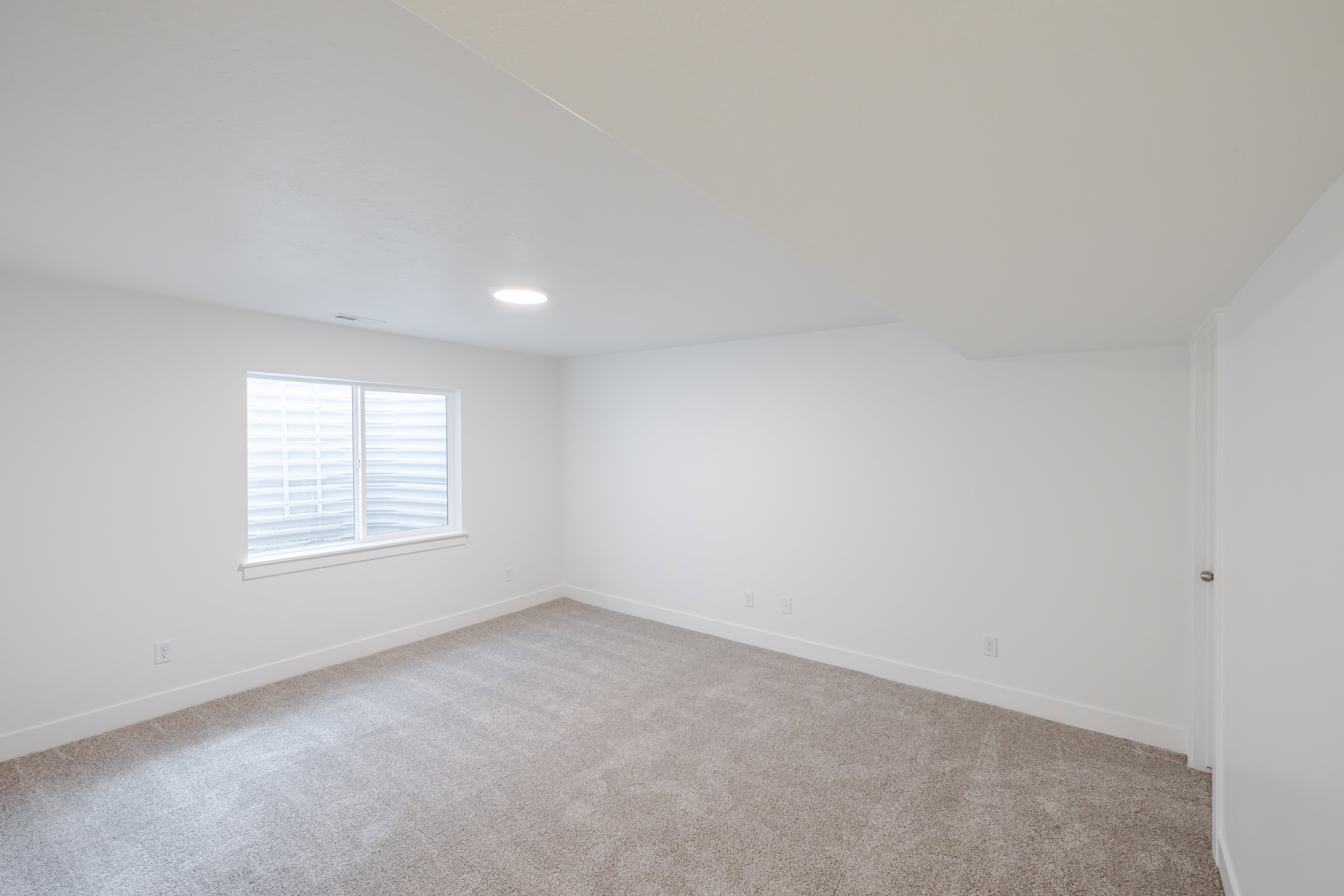 Carpeted room featuring a single window with blinds, white walls, and a ceiling-mounted light fixture