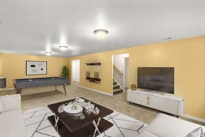 Living area featuring light colored carpet and pool table
