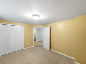 Unfurnished bedroom with light colored carpet, a textured ceiling, and a closet