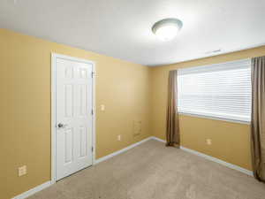 Spare room with light colored carpet and a textured ceiling