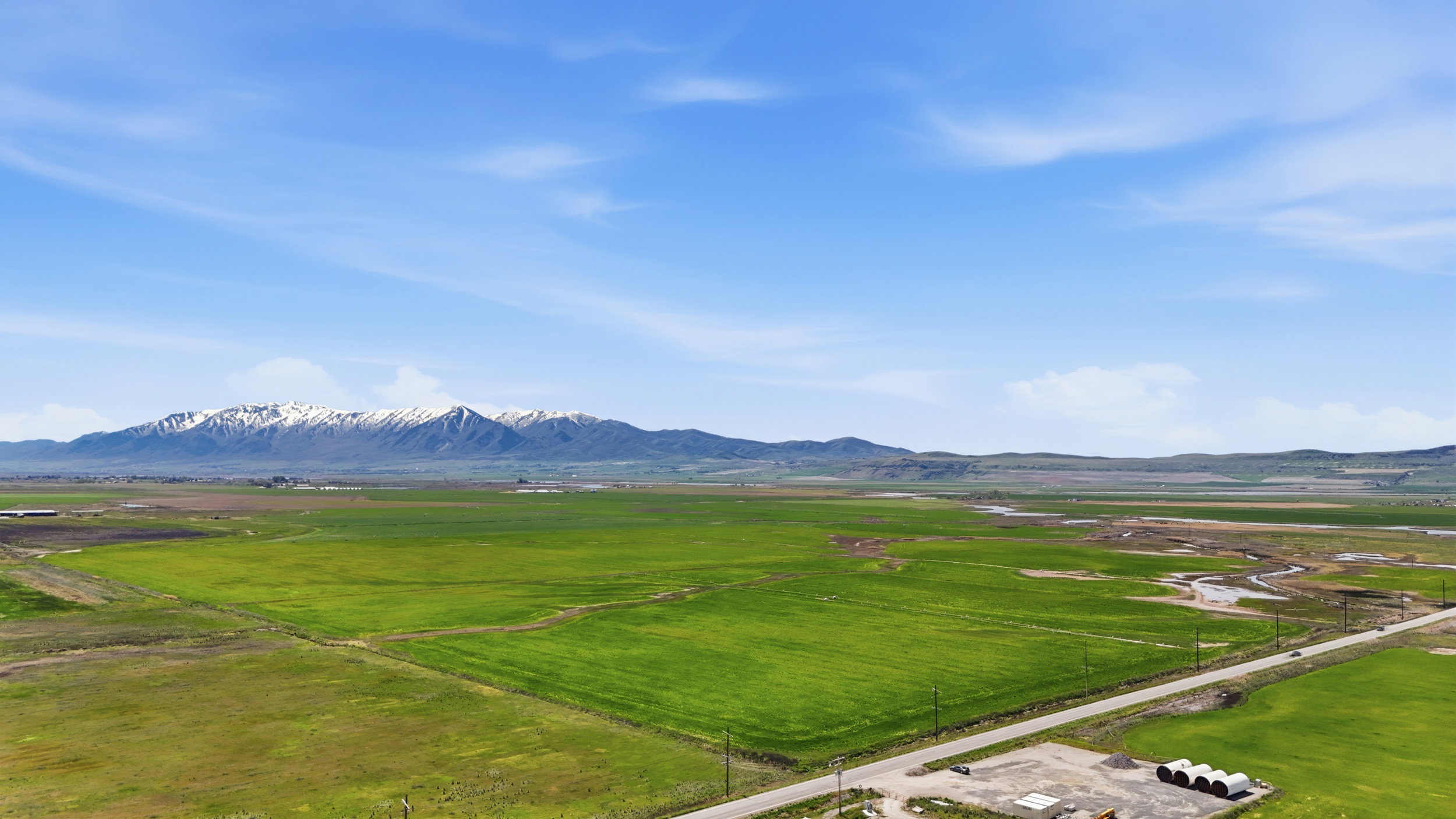 Expansive green fields with distant snow-capped mountains under a clear sky