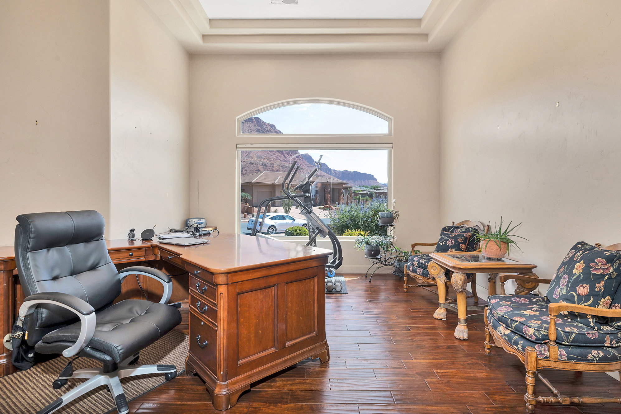 Office space featuring a mountain view and dark wood finished floors