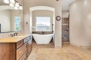 Bathroom with a walk in shower, a freestanding bath, vanity, tile walls, and wainscoting