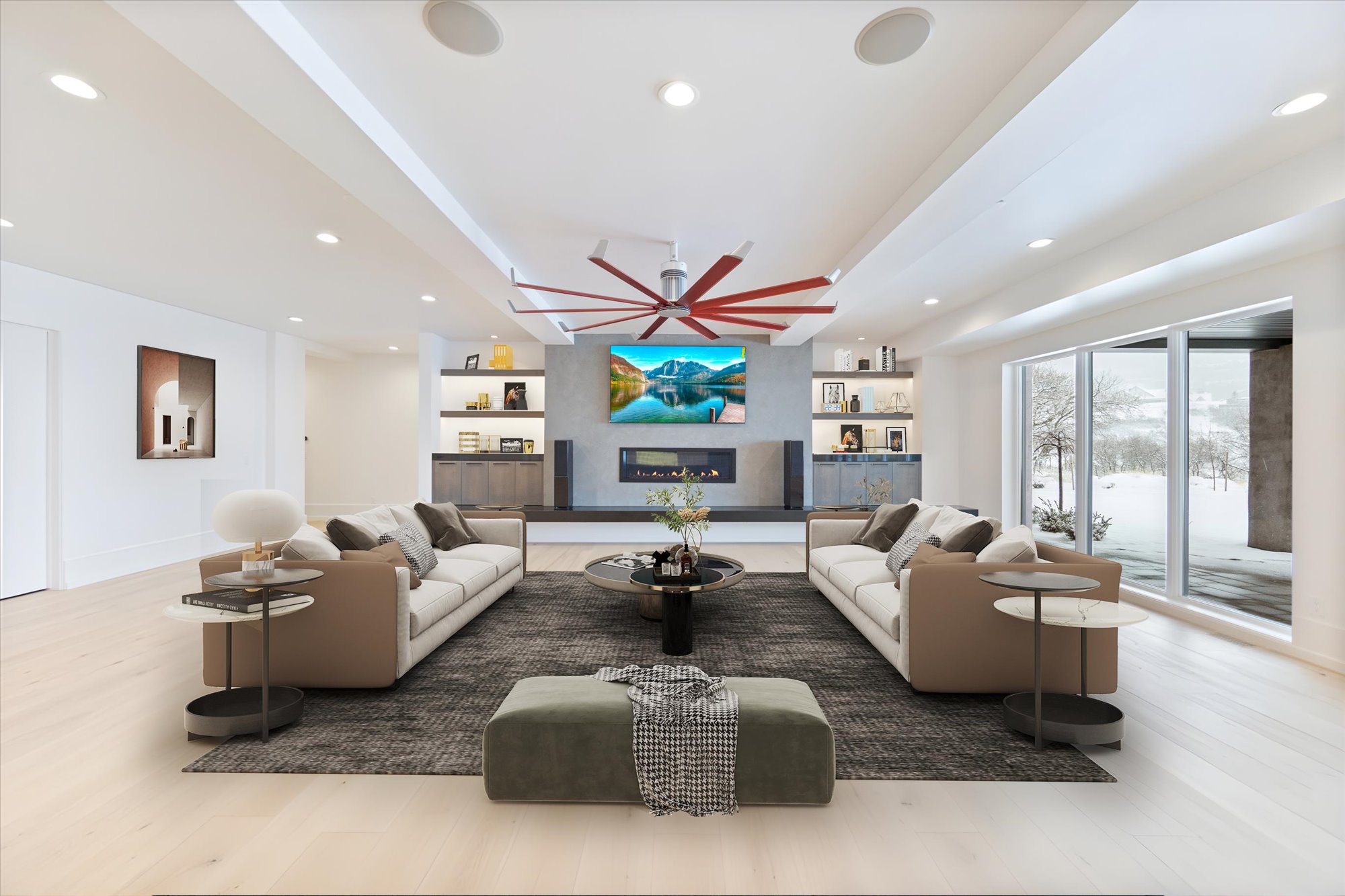 Living room featuring light wood-style floors, a ceiling fan, recessed lighting, and a glass covered fireplace