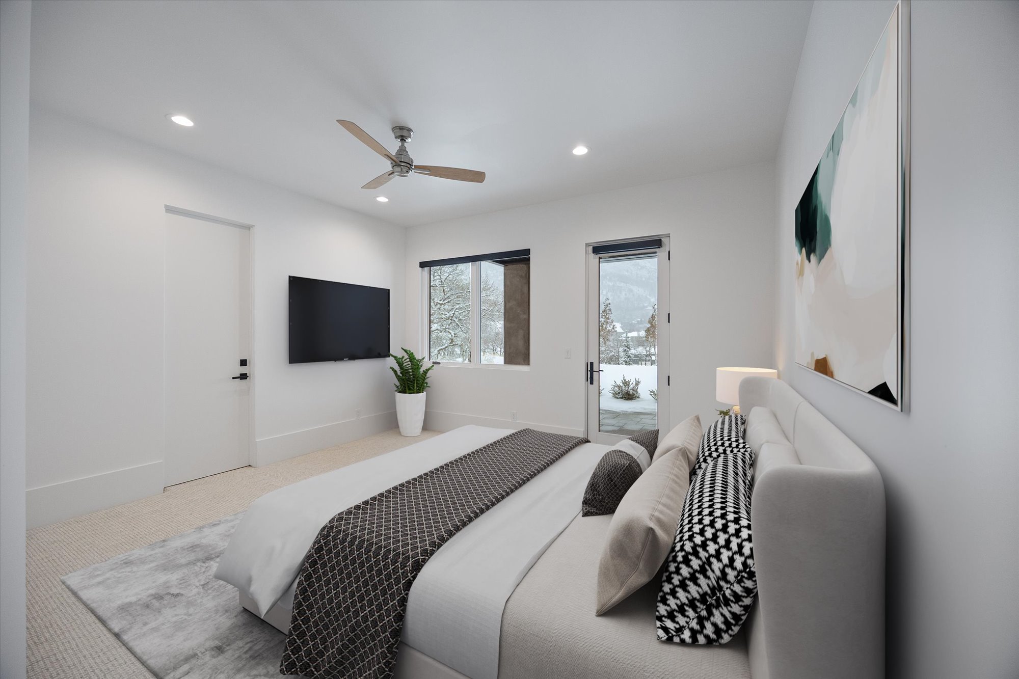 Carpeted bedroom featuring ceiling fan, access to exterior, and recessed lighting