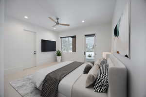 Carpeted bedroom featuring ceiling fan, access to exterior, and recessed lighting