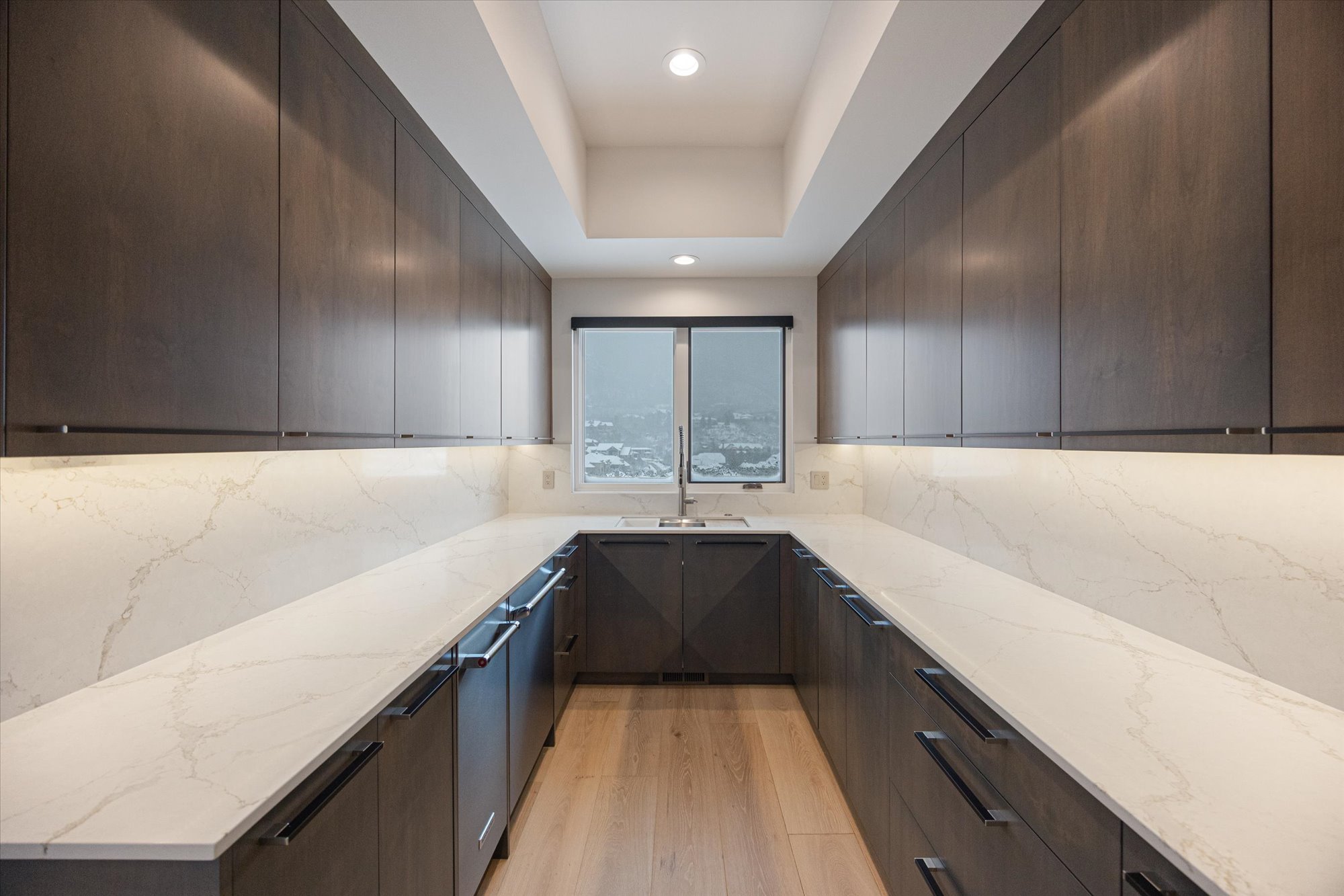 Kitchen featuring light stone counters, modern cabinets, dark wood finish cabinets, a tray ceiling, and recessed lighting