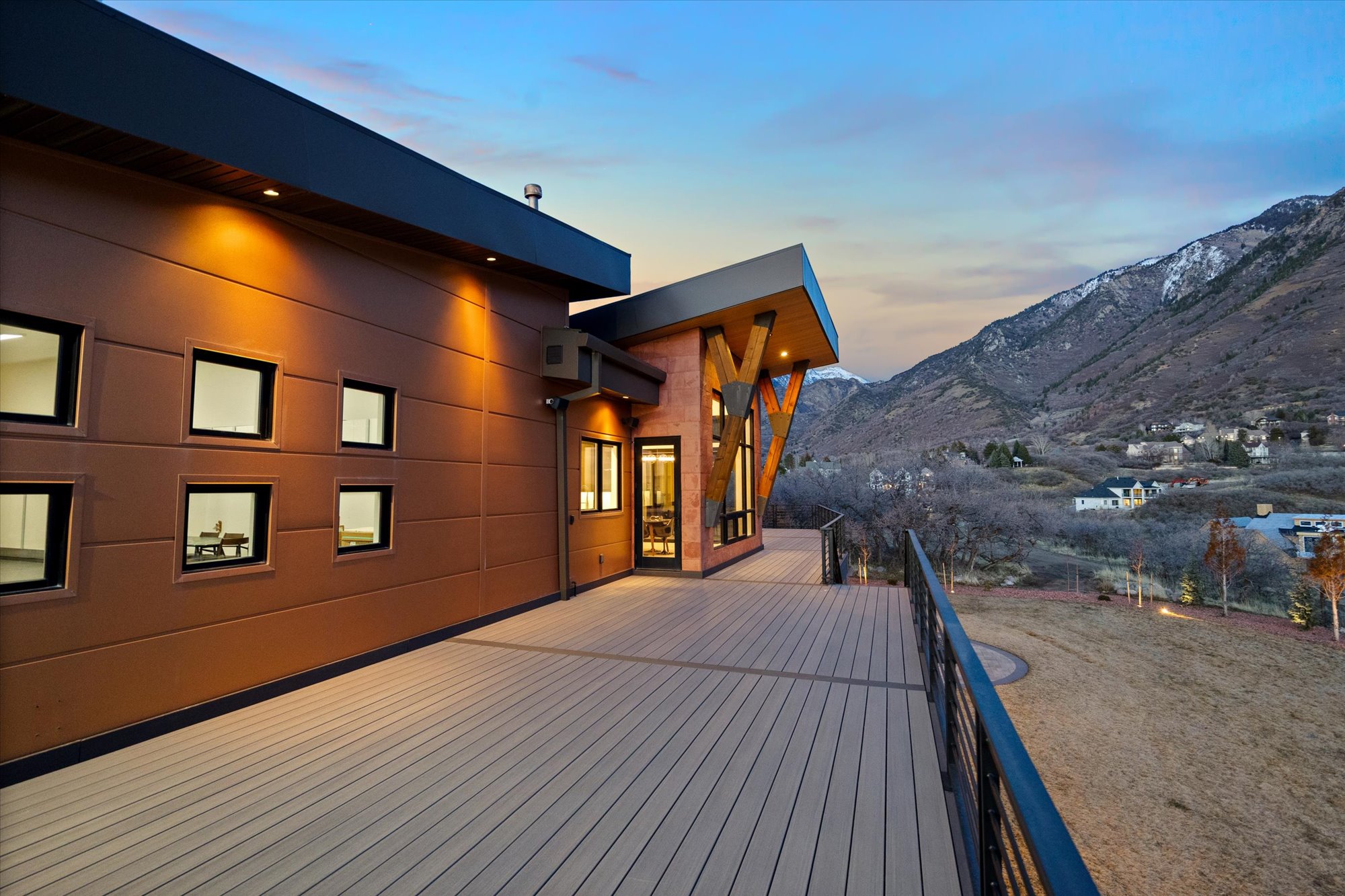 Deck at dusk with a mountain view