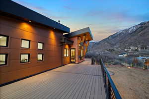 Deck at dusk with a mountain view