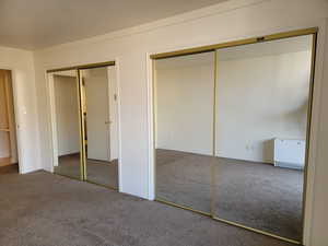 Unfurnished bedroom featuring two closets and carpet