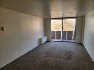 Empty room with carpet, a textured ceiling, floor to ceiling windows, and radiator heating unit