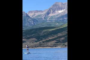 View of mountain background with a large body of water