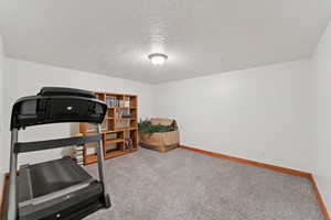 Workout room with light colored carpet and a textured ceiling