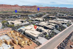 Aerial view of property's location with mountains