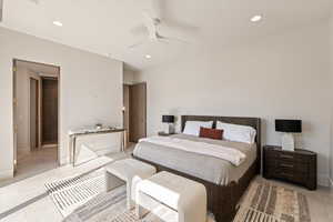 Bedroom with recessed lighting and a ceiling fan