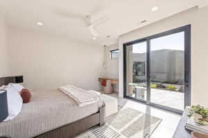 Bedroom with a ceiling fan, recessed lighting, access to outside, and light tile patterned floors