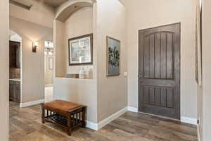 Entrance foyer featuring dark wood-type flooring and arched walkways