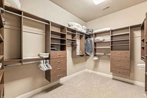 Walk in closet with light carpet