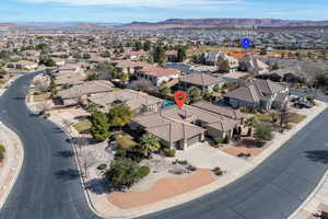 Aerial view of residential area with mountains