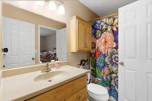 Bathroom with vanity, a shower with curtain, and connected bathroom