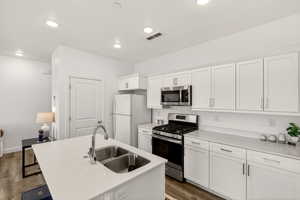 Kitchen with stainless steel appliances, dark wood finished floors, white cabinetry, an island with sink, and light stone counters