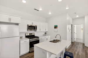 Kitchen with stainless steel appliances, white cabinetry, a center island with sink, dark wood-type flooring, and recessed lighting