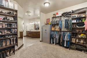 Walk in closet with light carpet