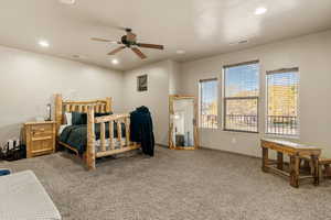 Bedroom featuring recessed lighting, carpet flooring, and ceiling fan
