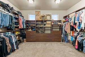Walk in closet with light colored carpet